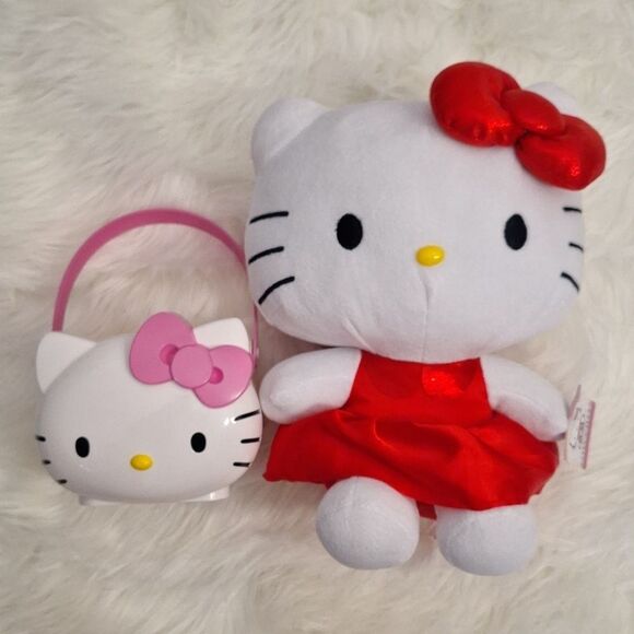 Hello Kitty Red Bow & Dress Stuffed Plush 12" Sanrio NWT & Plastic Basket Gift - Picture 1 of 11